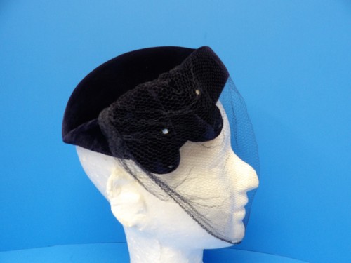 cappello donna vintage stile Martha Gene velluto blu con velo - Foto 3 di 15