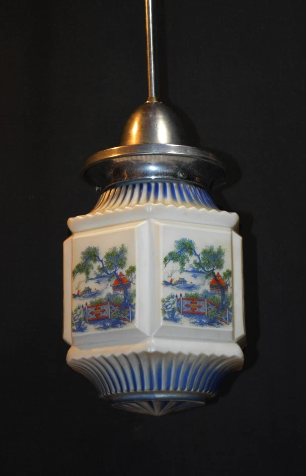 Lámpara de techo colgante vintage art deco pintada a mano vidrio opalino francesa C-1920s Foto 4 de 4