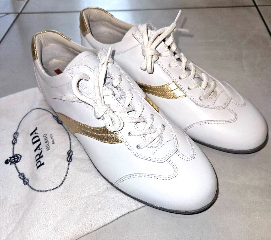 PRADA White and gold LEATHER SNEAKERS with SIZE 37,5/7 | eBay PRADA White and gold LEATHER SNEAKERS with SIZE 37,5/7 | eBay