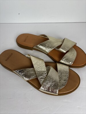 MANFIELD Gold Metallic Leather Flat Sandals Size 38 / US 8