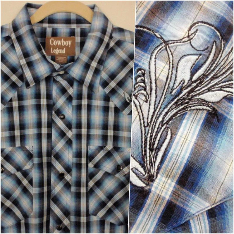 COWBOY LEGEND Men's Long Sleeve Western Shirt  Size 2XLT Blue Black White Plaid