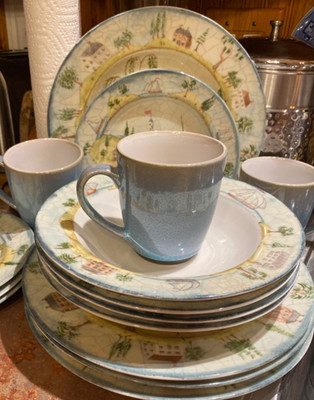 222 Fifth Porters Village 15pc Porcelain Dinnerware Set Ships, Lighthouses