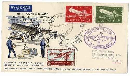 Australia 1964 Guillaux FFC Anniv Flight Cover Cinderella Tied Airplane Cachet