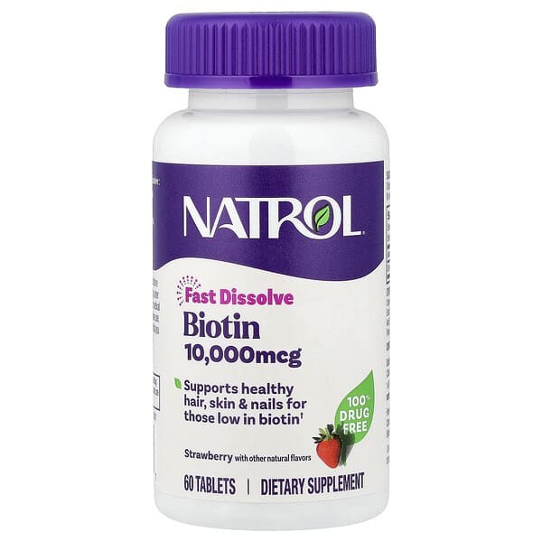 Natrol, Biotin, Fast Dissolve, Strawberry, 10,000 mcg, 60 Tablets hair,skin,nail