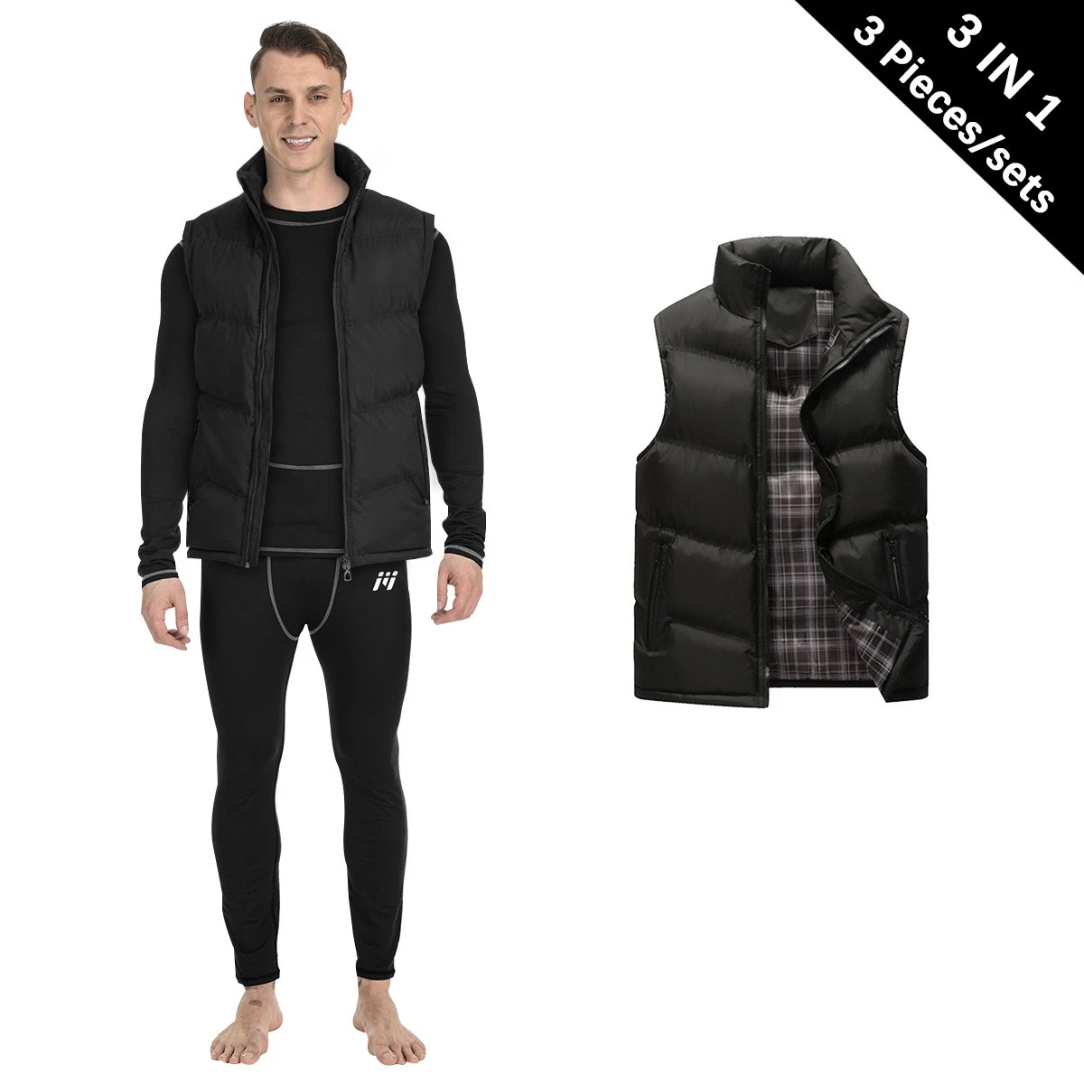 3 in 1 Men's Sleeveless Puffer Vest Outdoor Warm Coat with Thermal Underwear Set