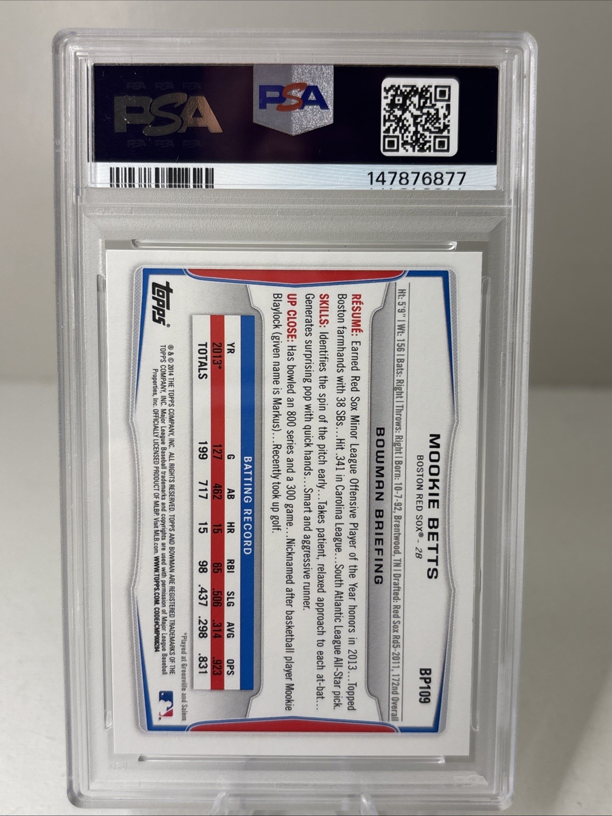 2014 Bowman Prospects Mookie Betts #BP109 PSA 9 view 2