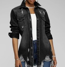Distressed Black Denim Shirt Dress Jacket Wom...