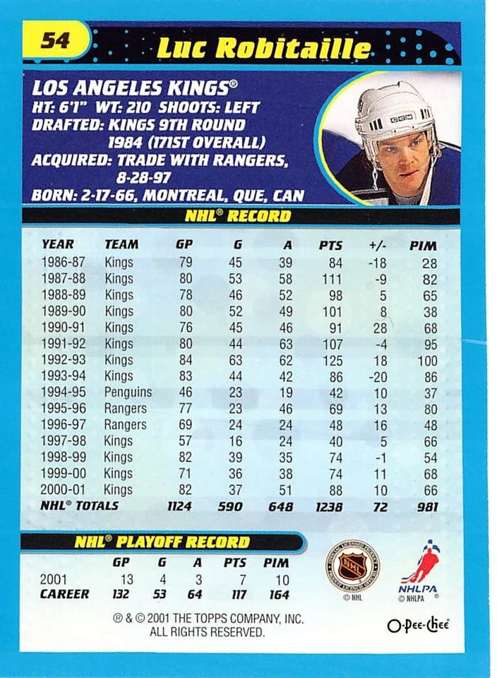 2001-02 O-Pee-Chee Heritage Parallel #54 Luc Robitaille - Image 2 of 2