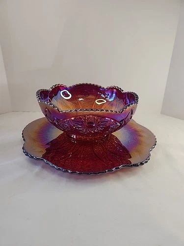 Indiana Red Carnival Glass Iridescent Sunset Bowl & Plate Set VINTAGE