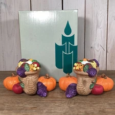 Pair PartyLite Harvest Time Candle Holders Fall Thanksgiving Cornucopias Pumpkin