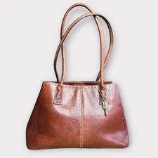 Vtg Fossil Handbag Purse Double Strap Pebbled Burnished Leather Brown Stitching