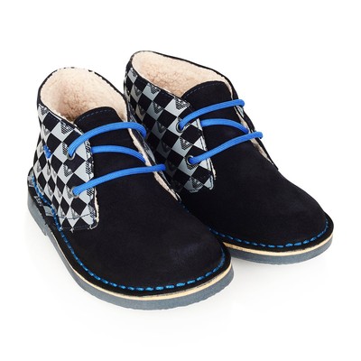 NIB NEW Armani Junior boys navy blue gray eagle logo desert boots shoes 31 US 13