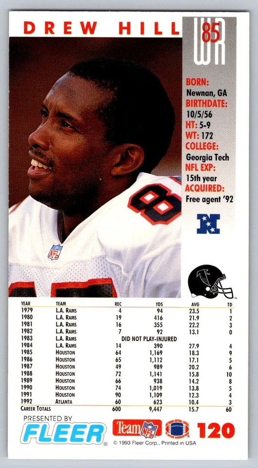1993 Fleer GameDay - Drew Hill #120 - Image 2 of 2