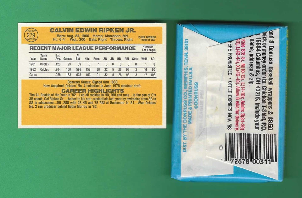 Paquete de cera Donruss Baseball BBCE 1983 + Tarjeta de béisbol Donruss Cal Ripken #279 1983 Foto 2 de 4
