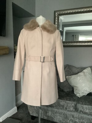 MATALAN Papaya Coat With belt And Removable Fur Collar In Champagne Size 8-10