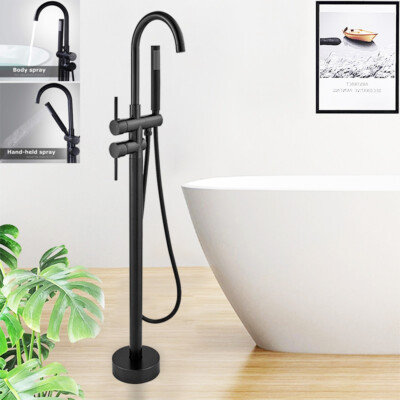 Black Floor Mount Bathtub Faucet Free Standing Bath Tub Filler Shower Mixer Tap | UK