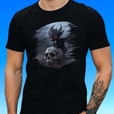 Mens Black Dragon Skull Print Cotton T-Shirt Size S to 5XL
