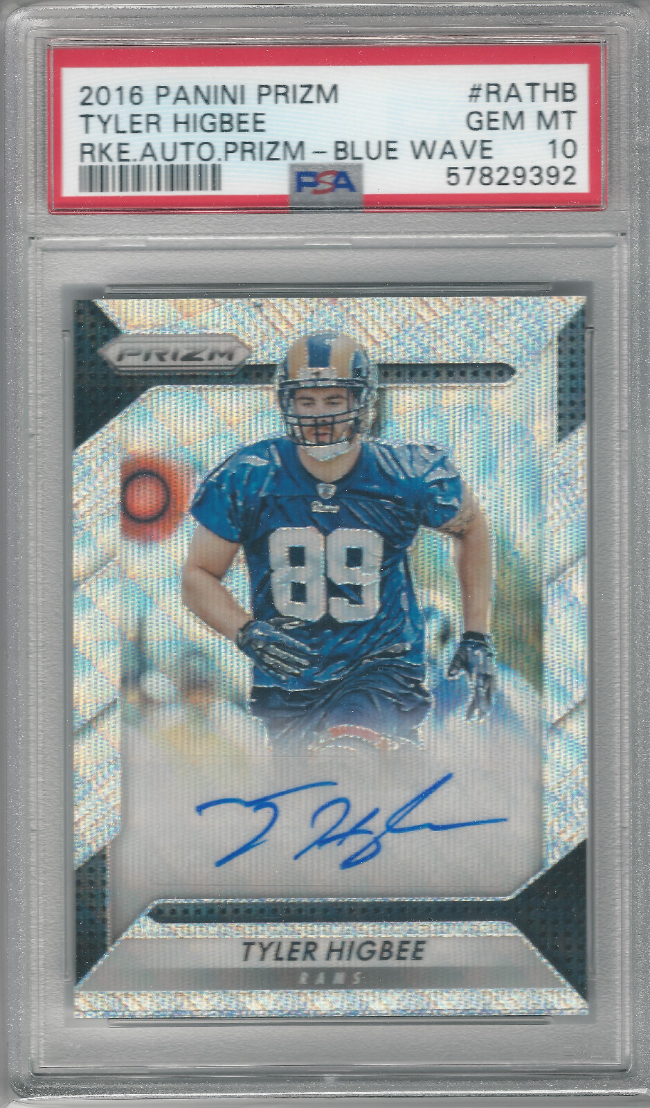 Tyler Higbee Panini Prizm Rookie Autograph Prizm #RATHB Blue Wave