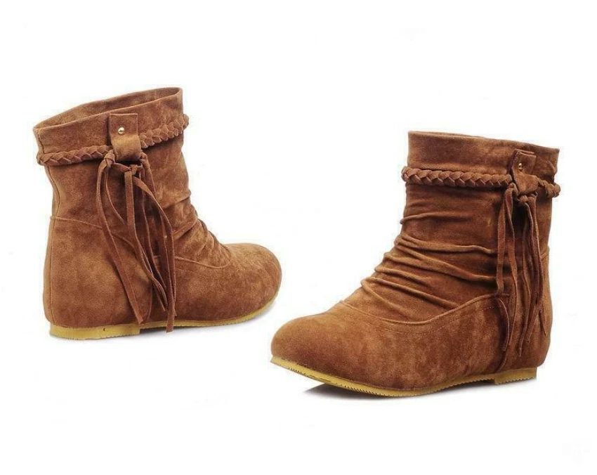 Женские замшевые кисточки плоский лодыжки ботинки круглый носок тянуть на зимние туфли большого размера - Изображение 3 из 4