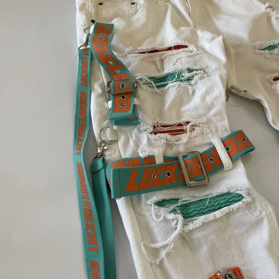 Locked Loaded Jeans Distressed White Pants w/Straps Size 38 Hip Hop Skater - Изображение 2 из 4