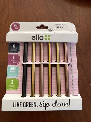 NEW ELLO LIVE GREEN SIP CLEAN 6 COCKTAIL STRAWS 1 BRUSH REUSEABLE STAINLESS