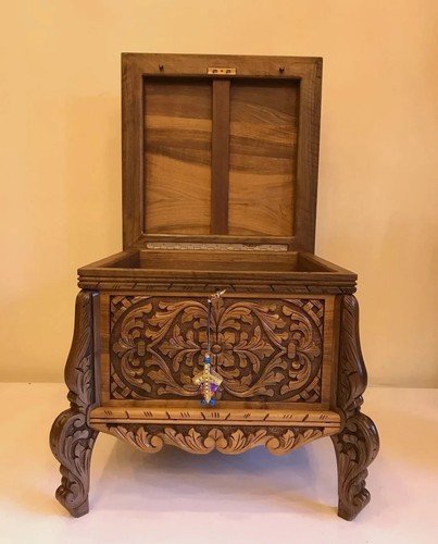 Walnut Wood Coffee Table Hand Carved, Traditional Center Table with Storage Part - Picture 8 of 10