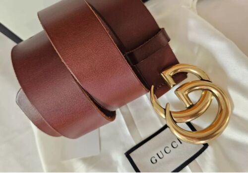 GUCCI Belt Brown Leather Gold GG Buckle Size 32-34 95cm