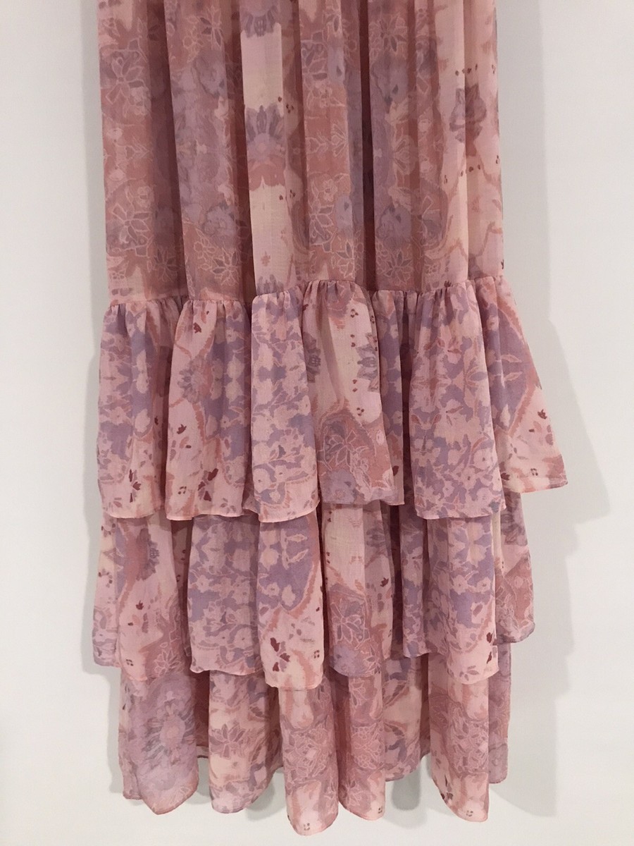 【Free People】Va Va Voop ロング NEW FREE PEOPLE PINK PURPLE FLOWY CHIFFON RUFFLE MAXI DRESS