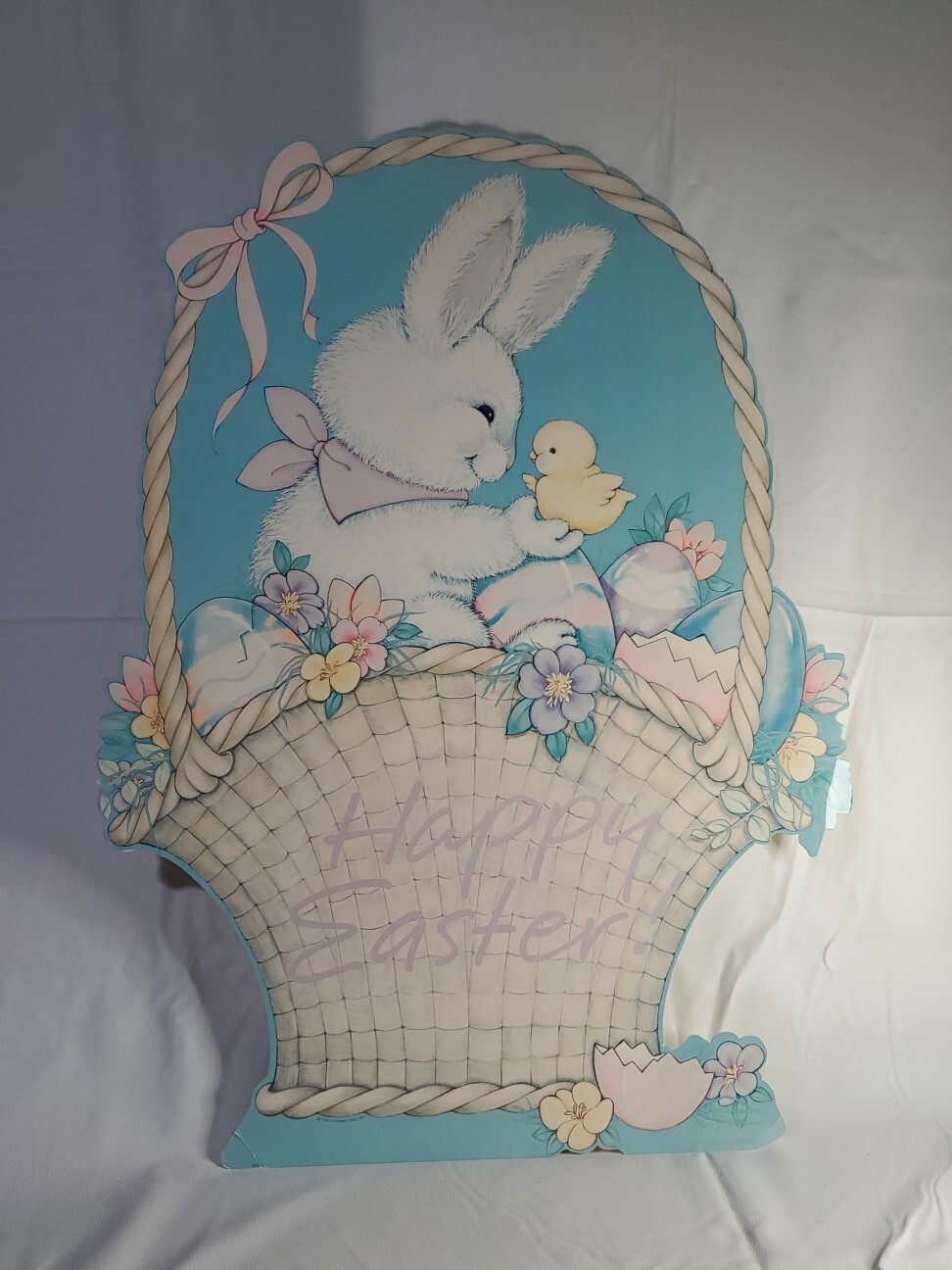 VTG LARGE Easter Bunny With Chicken And Basket Of Eggs Cardboard Cutout 25
