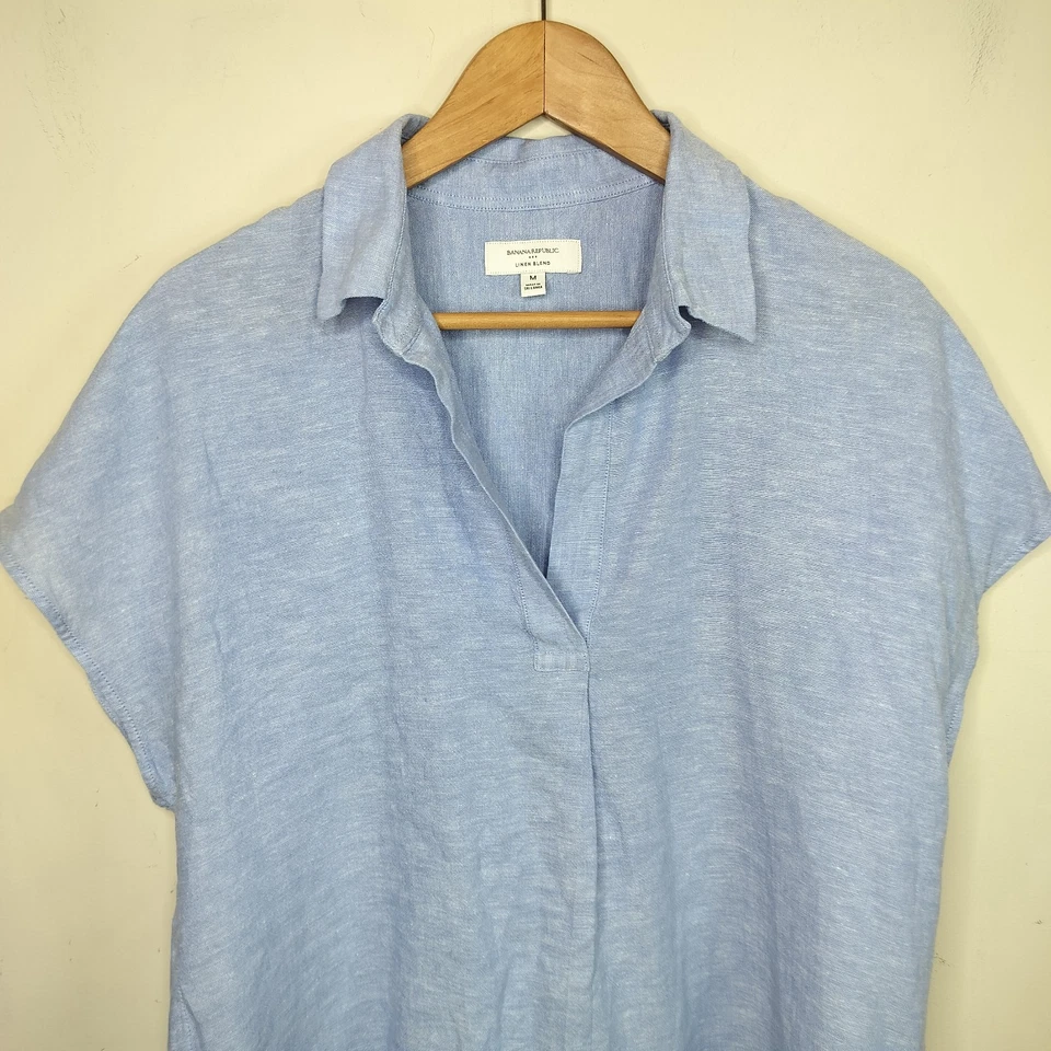 Camisa Banana Republic Mezcla de Lino Mediana Manga Corta Cuadrada Coastal Lagenlook Foto 2 de 4