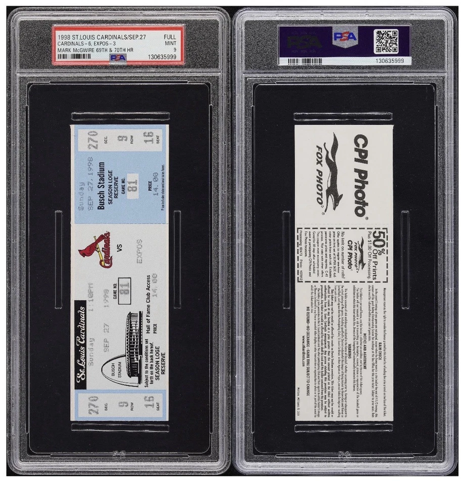 Boleto completo 1998 St Louis Cardinals Mark McGWIRE 69th-70th HR PSA 9 Foto 3 de 3