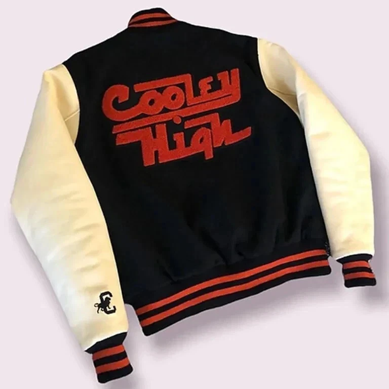Chaqueta universitaria Cooley High 1975 de lana negra y cuero blanco para hombre Foto 4 de 4