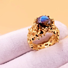18K Gold-Plated Sterling Silver Labradorite Handmade Ring, Statement Jewelry