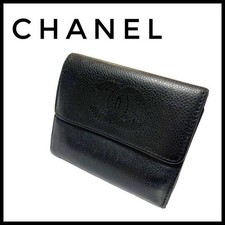 CHANEL Caviar Skin Black Folded Wallet Coco Mark Leather Gold Hardware