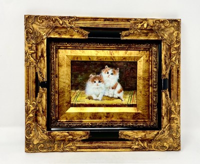 Vintage Marten Oil Painting  Two Kittens  Ornate Rococo Style Gold Frame Signed