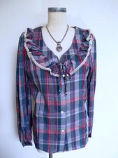 Vintage 70s NOS Circle T Plaid Rockabilly Ruffle Neck Blouse L Purple Blue Pink