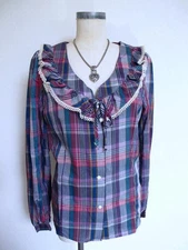 Vintage 70s NOS Circle T Plaid Rockabilly Ruffle Neck Blouse L Purple Blue Pink