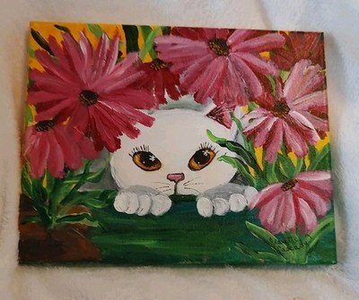 Beautiful Female White Cat,  Eyes Of Gold. ,8x10 Acrylic Painting