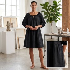 Old Navy Black Puff Sleeve Babydoll Mini Dress NWT Size L Tie Back Swing Pintuck