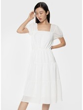 BLACK TAPE Womens White Lined Pullover Tie Pouf Sleeve Midi A-Line Dress L