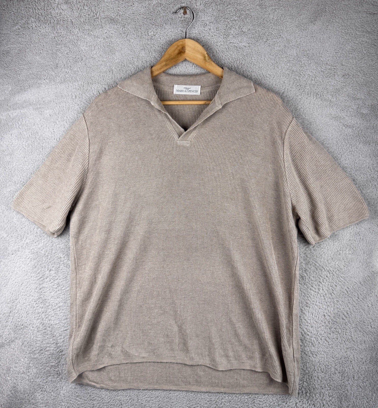 Vintage St Michael M&S Mens Linen Knit Polo Shirt Large Made In UK Beige
