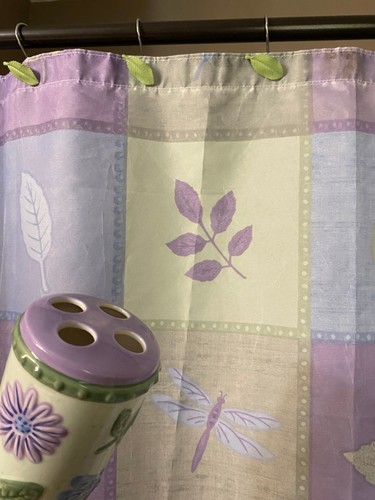 Vtg Springs Dragonfly Shower Curtain Leaf Hooks Toothbrush Holder Set Purple Grn
