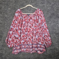 Chaps Top Womens XXL Red White Ditzy Floral Chiffon Tunic Boho Peasant