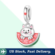 KUNSIR 925 Sterling Silver Cat Eat Watermelon Dangle Charm For Bracelet Pendant