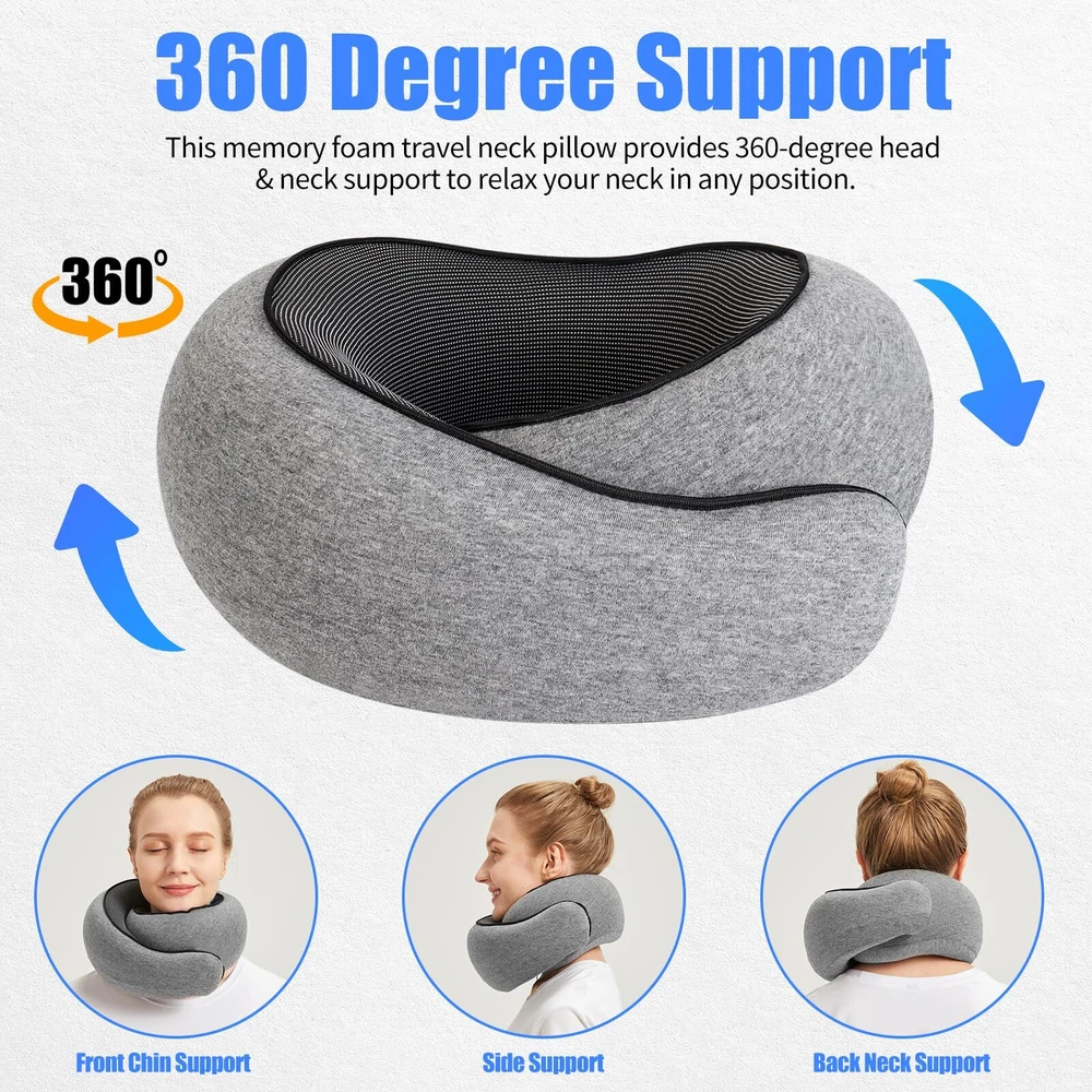 Memory Foam Travel Neck Pillow with 360° Support for Airplane Comfort
