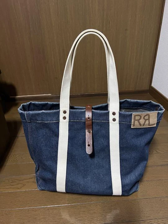 RRL RALPH LAUREN Logo Patch Denim Tote Bag Men Leather Cotton Blue