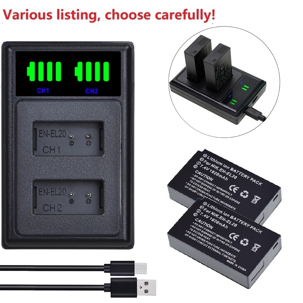 2 Batteries EN-EL20 1200mAh + Chargeur LCD USB Pour Nikon J1 J2 J3 S1 V3 Coolpix A P1000 AW1
