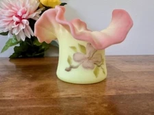 Fenton Burmese Glass Ruffled Vase Signed S. Walsh Hand Painted Vintage Art Glass