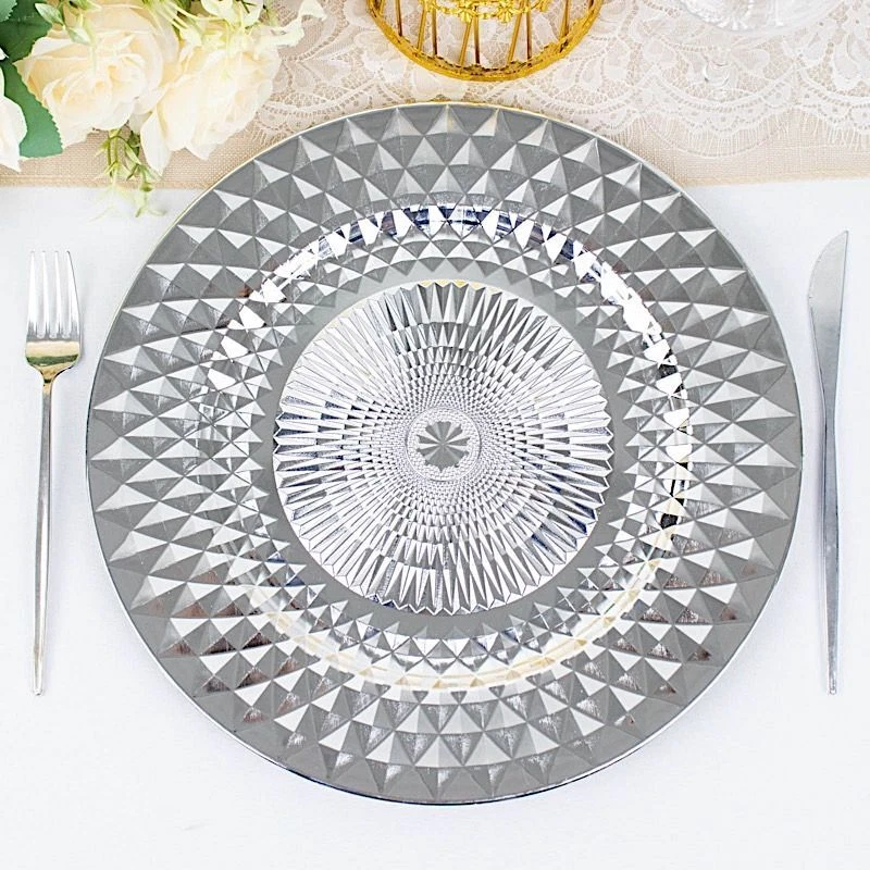SILVER 6 Metallic 13" Round Plastic CHARGER PLATES Diamond Pattern Party Events - Image 4 of 4
