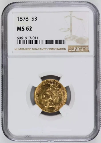 1878 P Gold Three Dollars $3 Indian Princess Head NGC MS-62